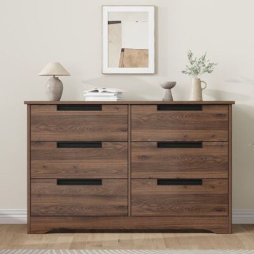 6 Drawer Dresser for Bedroom, Walnut 6 Chest of Drawers with Embedded Handles Design, Wooden Dresser Closet Organizer for Living Room Entryway Nursery