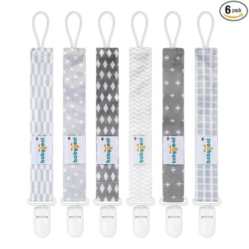 babygoal Neutral Grey Pacifier Clips, 6 Pack Binky Paci Holder Clip and Leash Fits for Most Pacifiers and Binkies 6PS09