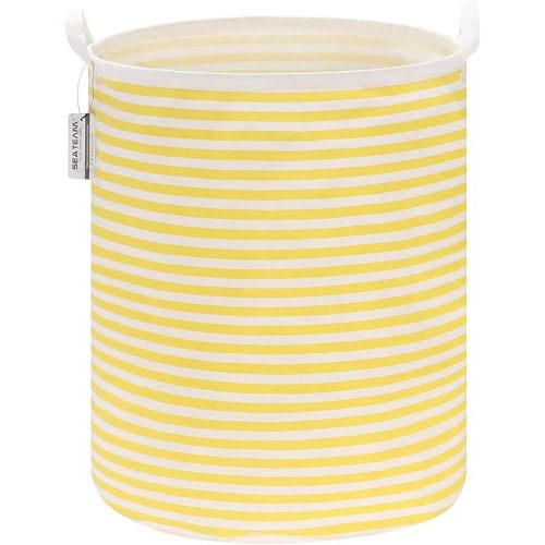 Sea Team 19.7 Inches Large Sized Waterproof Coating Ramie Cotton Fabric Folding Laundry Hamper Bucket Cylindric Burlap Canvas Storage Basket (19.7", Stripe/Yellow)
