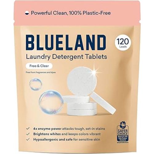 BLUELAND Laundry Detergent Tablets, 120 Count, Plastic-Free Eco-Friendly Pods, Sheets, Liquid Alternative - Fragrance Free and Clear, Natural, Gentle