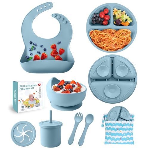 Silicone Baby Feeding Set, 10 Pcs Baby Led Weaning Supplies Baby Eating Essentials Set with Suction Bowl Divided Plate Adjustable Bib Soft Spoon Fork Cup with Lid Drinking Cup, Travel Bag (Blue)