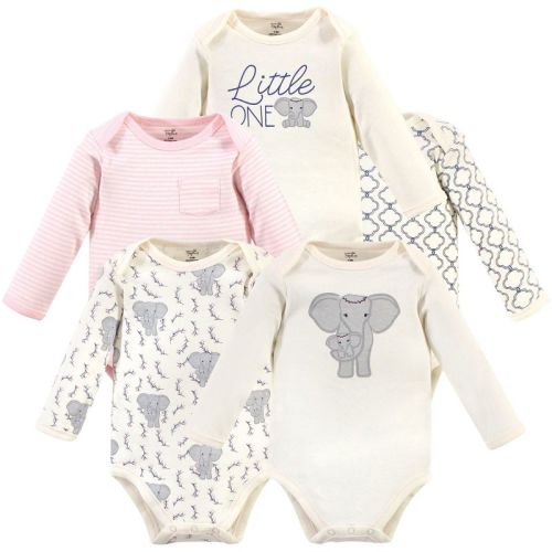 Touched by Nature Baby Girl Organic Cotton Long-Sleeve Bodysuits 5pk, Pink Elephant, 0-3 Months