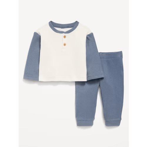 Long-Sleeve Waffle-Knit Henley Top and Pants Set for Baby