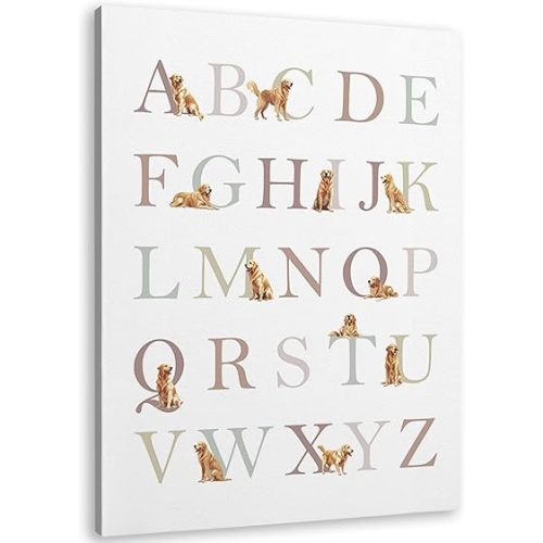 TLESKE Golden Retriever Dog Alphabet Wall Art Decor 11x14, ABC Letter Chart Decor Canvas Wall Art Print for Nursery Classroom Playroom kIDS Toddler ROOM BEDROOM, Dog Alphabet Wall Artwork Picture
