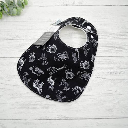 Organic Cotton Fleece Baby Bib: Black and White Safari Animals