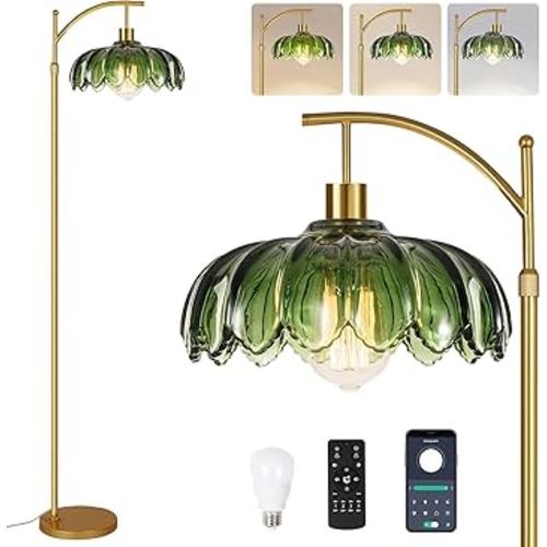 Gold Floor Lamps for Living Room,Glass Floor Lamp with Remote Control & Green Lampshade,Arc Flower Lamp Dimmable Mid Century Modern Standing Lamp Vintage Brass Tall Floor Lamp For Bedroom Corner