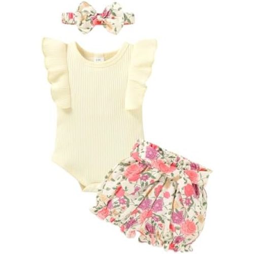 Tiny Cutey Baby Girl Clothes Infant Summer Outfits Set Ruffle Sleeve Romper and Floral Shorts with Headband
