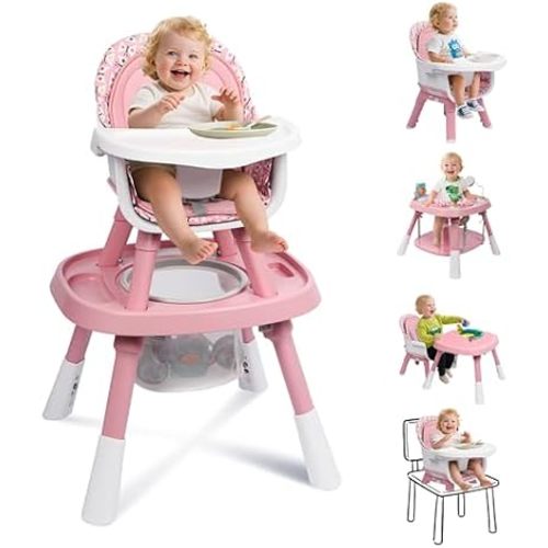 15 in 1 Baby High Chair, Convertible Highchair for Babies and Toddlers w/Activity Center & Toys, Booster Seat, Building Block Table & Stool, Safety Harness, Removable Cushion & Tray (Pink)