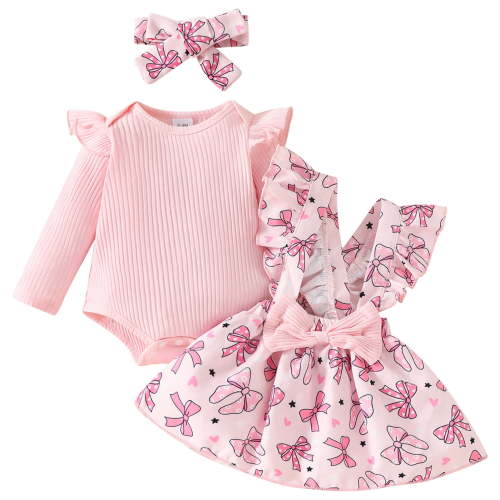 IWEMEK Newborn Baby Girl Clothes Ruffle Long Sleeve Romper Pink Bowknot Skirt 3 Pieces Fall Outfit Sets Size 0-3M