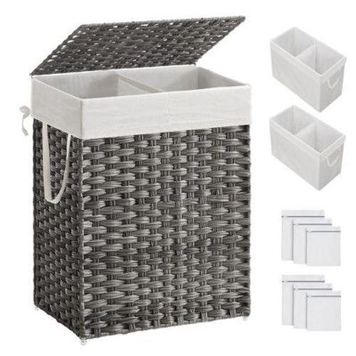 SONGMICS 90L Laundry Hamper with Lid Clothes Hamper with 2 Removable Liner Bags & 6 Mesh Bags Gray