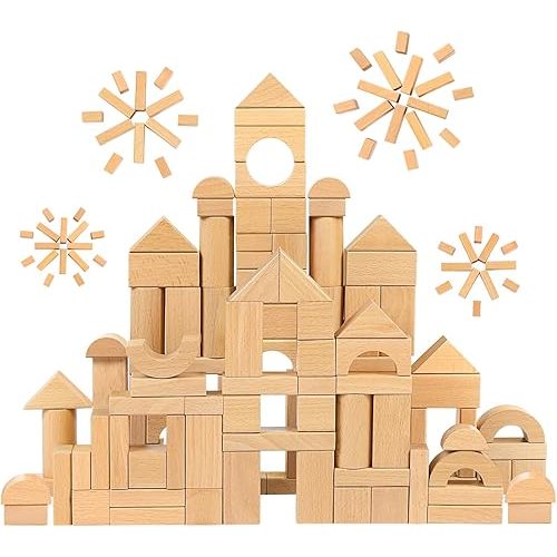 100pcs Natural Beech Wooden Building Blocks for Toddlers 1-3, Wooden Blocks for Baby Shower with Storage Bucket, Montessori Toys for Preschool Girls and Boys
