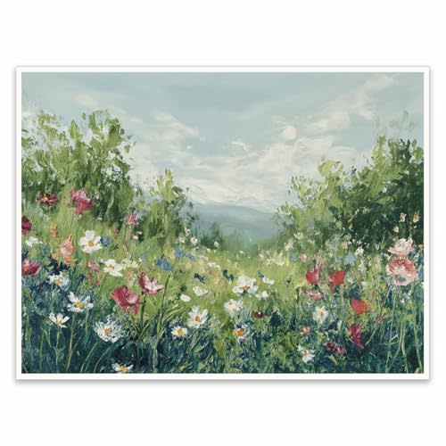 Wildflower Meadow Landscape Wall Art, Green Mountain Field Painting Poster Print, Colorful Spring Flowers Nature Scenery Artwork for Living Room Bedroom Home Decor 11x14 in Unframed