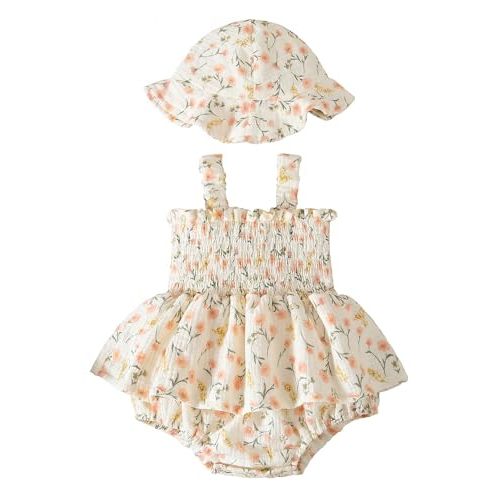 Baby Girl Smocked Romper Dress Summer Outfit Clothes | Baby Girl Floral Outfit with Hat,Snap Closure,Soft Breathable Cotton,Vintage,Photoshoot,Party,Baptism,Wedding,Birthday