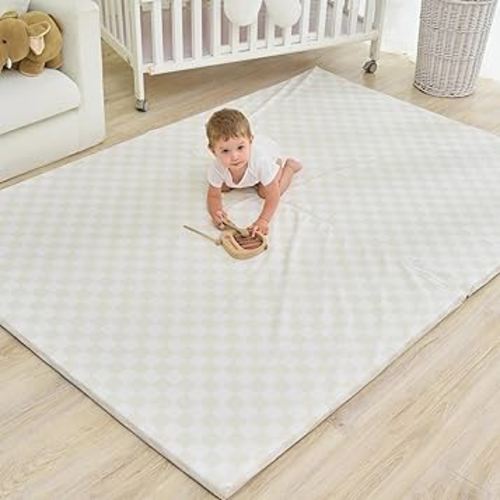 Large Vegan Leather Baby Play Mat for Floor,1.3"Thick Foam 59x82 Foldable Waterproof Kids Play Mat,Stylish and Just Wipe-Clean Playmat for Baby Play on Floor (Beige Checker)