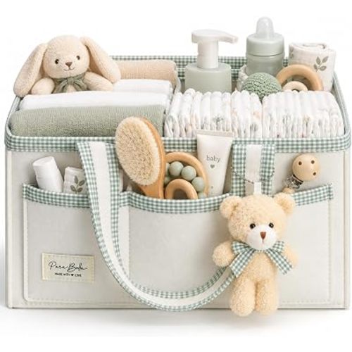 Diaper Caddy Organizer with Handle, Baby Shower Gifts Basket Bag, Registry Search Must Haves Items, Nursery Storage Organizer for Newborn Girl Boy, Baby Bag Essentials, Car Diaper Caddy Cart