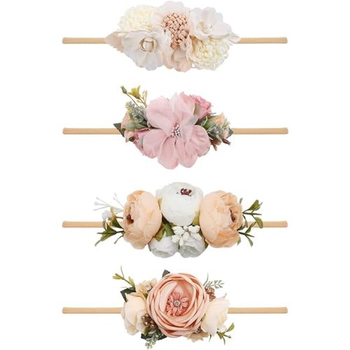 4 PCS Baby Girls Gift Headbands Flowers Hairbands Soft Nylon Elastics Hair Bows Handmade Floral Hair Accessories for Newborn Infant Toddlers Kids