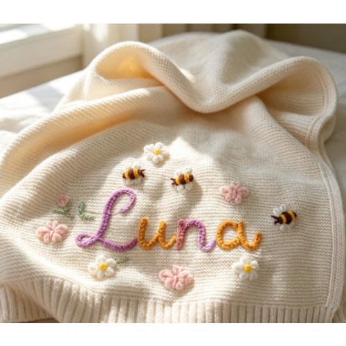 Custom Name Baby Blanket | Hand Embroidered Organic Cotton Knit | Soft Neutral Nursery Decor | One-of-a-Kind Baby Shower Gift