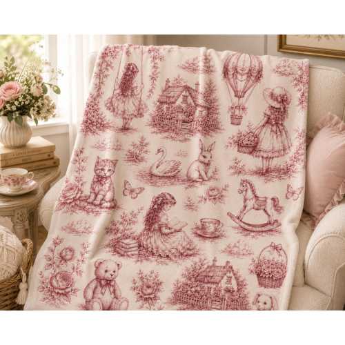 Vintage Toile Velveteen Baby Blanket, Cottagecore Nursery Decor, Heirloom Soft Plush Throw