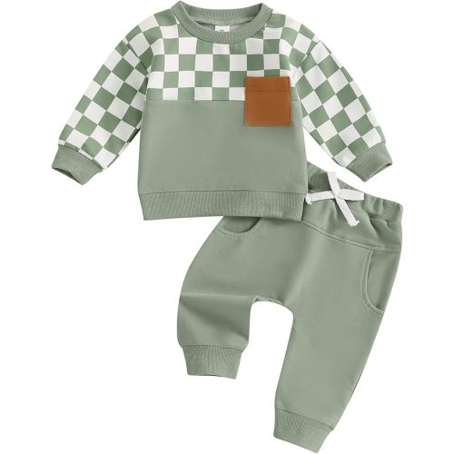 Toddler Baby Boy Fall Outfit Checkerboard Patchwork Long Sleeve Sweatshirts Elastic Waist Pants Cute Newborn Clothes Set