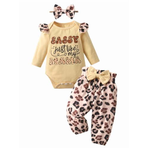 Infant Baby Girl Clothes Letter Long Sleeve Ruffle Romper Print Pants Set 3Pcs Yellow 3-6 Months