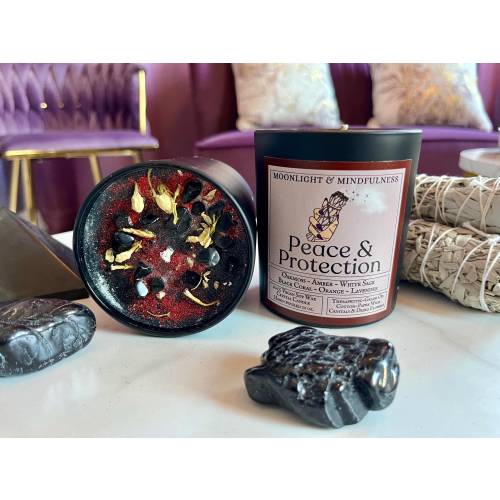 Peace & Protection 100% Soy Wax Crystal Candle, Hand-Poured Vegan, White Sage, Black Stones, Witchy Altar Unique Gifts, Relaxing, Home Decor