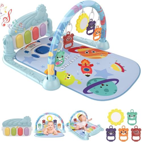 dearlomum Baby Play Gym Mat with 4-Key Musical Piano, Lights, Sounds & Hanging Toys for Tummy Time and Sensory Development, Infants to Toddlers (Blue Space Theme)