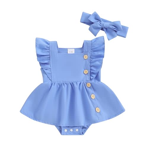 Madjtlqy Newborn Baby Girl Summer Clothes Romper Dress Ruffle Sleeve Solid Color Outfits with Headband