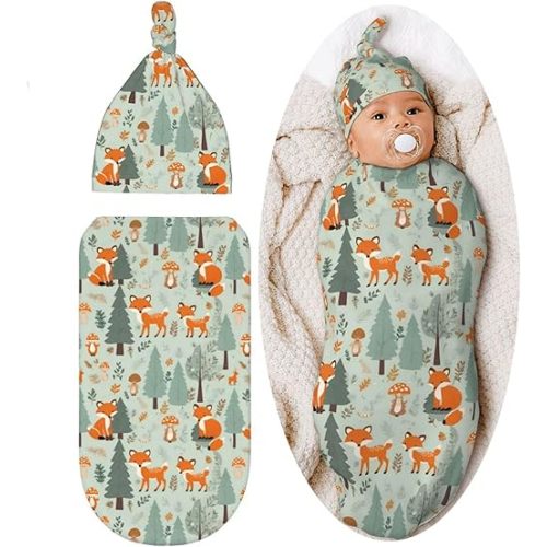 Fox Mushroom Baby Stuff Newborn Baby Swaddle Blanket with Beanie Hat,Swaddle Blanket Gifts for Infant Shower Boys Girls