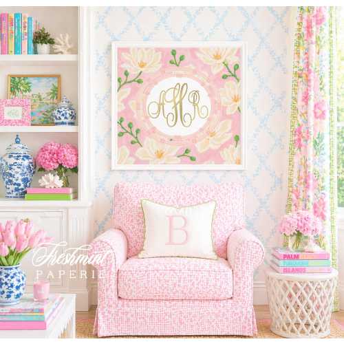 Monogram Wall Art, Magnolia Blossoms, Painting, Grandmillennial, Watercolor