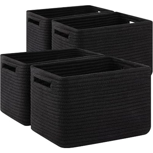 4 Pack Storage Baskets for Organizing Toys, Towels, and Clothes, Woven Basket for Shelves, Sturdy Nursery Cube Bins for Storage, 13''L x9''W x7.8''H, Black