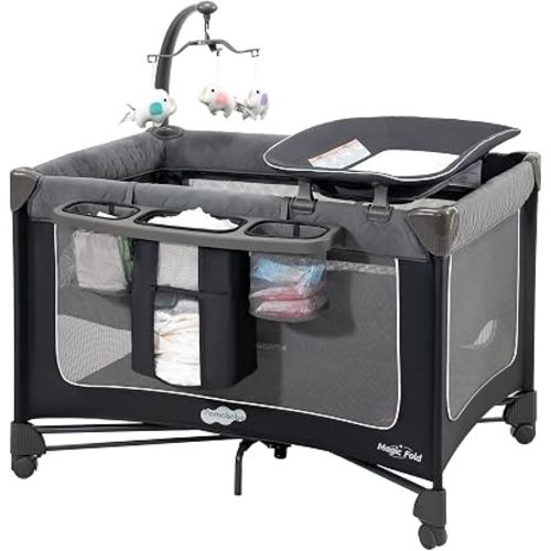 Pamo Babe Pack and Play with Bassinet Magic Fold Playard 1 Step Set Foldable Playpen Baby Playard with Changing Table Portable Playpen Grey