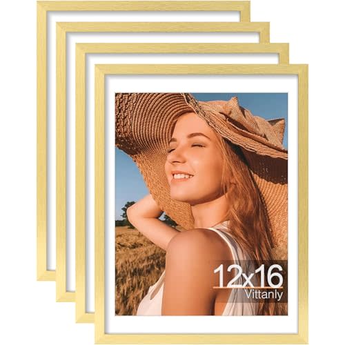 Vittanly 12x16 Picture Frames Set of 4, Display Pictures 11x14 with Mat or 12x16 without Mat, Gallery Frame for Wall Display, Engineered Wood with Shatter Resistant Plexiglass, Gold
