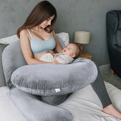 Pregnancy Pillow, Caveen Full Body Maternity Pillow for Side Sleeping, with Adjustable Wedge Pillow and Velvet Cover, Washable, Grey