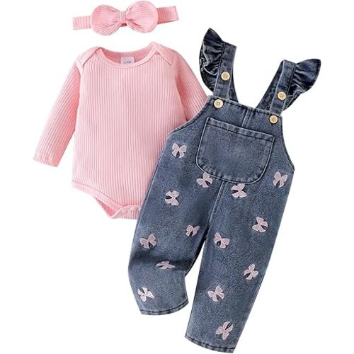 Baby Girl Clothes Newborn Romper Infant Jeans Adjustable Suspender Overalls Cute Headband 3Pcs Outfits Set 0-18 Months