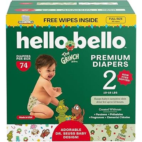 Hello Bello Dr. Seuss Baby Grinch Premium Diapers, Size 2 (10-16 lbs), 74ct Plus Bonus Wipes: Softness & Protection for Sensitive Skin