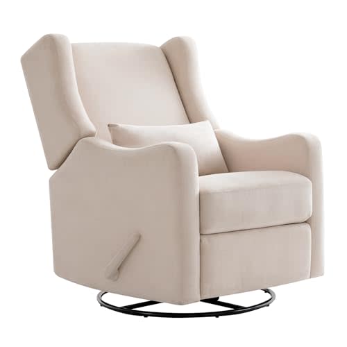 Harkawon Wingback Glider Rocking Recliner, Swivel Rocker Recliner Chair, Nursery Rocking Chair, Fabric Chair with Lumber Support, High Back, Deep Seat, for Living Room, Bedroom, Beige