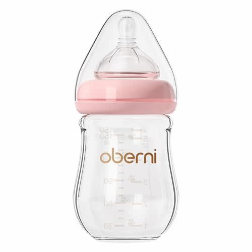 Oberni Glass Baby Bottles,Anti Colic Breastfeeding Bottle with Natural Response Nipple Size S,Wide Neck Slow Flow Baby Bottle for Baby,Newborn,Preemie 0-3 0-6 Month,BPA Free (Pink, 1 Pack, 5 Ounce)