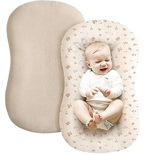Konssy Muslin Baby Lounger Cover 2 Pack, 100% Cotton Newborn Lounger Cover, Soft and Breathable Removable Slipcover Infant Lounger Cover for Boy, Girl (Summer Wheat, Pear)