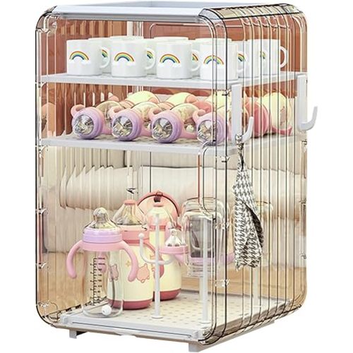 Baby Bottle Drying Rack Large Capacity, Baby Bottle Organizer, 3/4-layer Dustproof Portable Baby Bottle Drying Rack with Cover, for Kitchen Cabinet