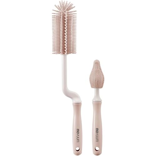 Moyuum Silicone Baby Bottle and Nipple Brush Set | Made in Korea, 360 Degree Rotating Handle, Soft Bristles, Hanging Hole for Quick Drying and Storage, Dishwasher Safe (Coral Beige)
