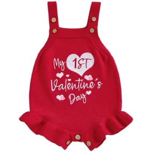 Newborn Baby Girl Valentines Day Outfit Knitted My First Valentines Romper Ruffle Sleeveless Knit Sweater Bodysuit