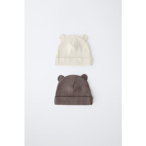 2-PACK OF RIBBED BEANIES WITH EARS - Ecru / Brown | ZARA United States