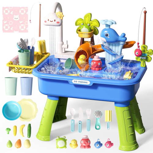 JoyStone 4-in-1 Toddler Sand Water Table with Electric Pump, 21.25” Kids Kitchen Sink Water Table with Fishing Toys & Play Food, Outdoor Play Table for Boys Girls Age 3+