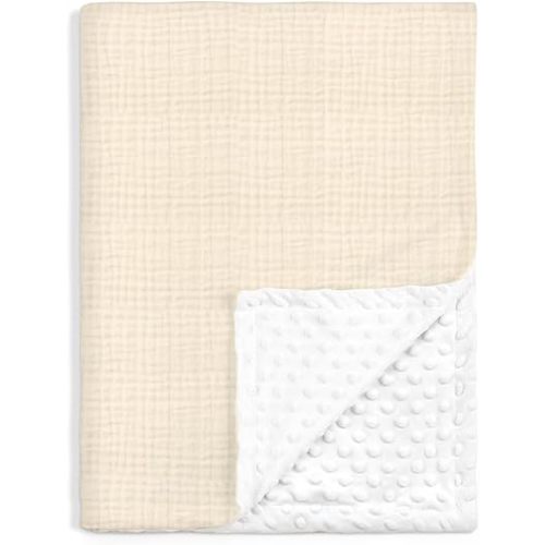 Baby Blankets for Boys Girls, Soft Nursery Minky Blankets with Muslin and Dotted Fleece Back 30x40 inches, Receiving Bed Quilt for Newborn, Infants, Toddlers (Beige)