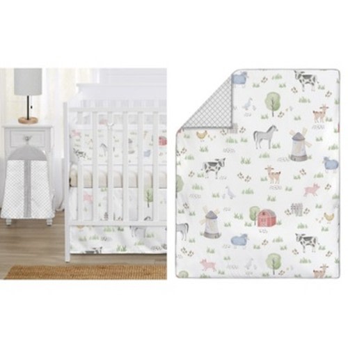 Sweet Jojo Designs Crib Bedding + BreathableBaby Breathable Mesh Liner Baby Nursery Boy Girl Gender Neutral Farm Animals Grey Blue and Red - 6pcs