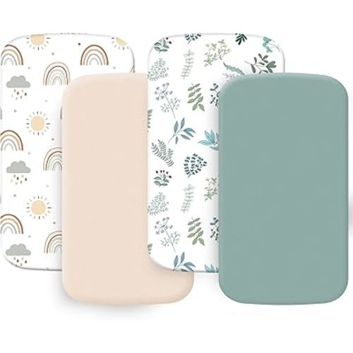 4 Pack Bassinet Sheets (20" x 33"), Compatible with Angelbliss, YADAQE, Maxi-COSI Iora/Swift, Pamobabe, BIERUM and Papablic Baby Bassinet, Soft and Skin-Friendly, Mint Green and Color Rainbow
