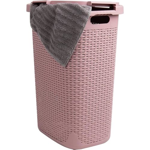 Mind Reader 60L Slim Laundry Hamper, Clothes Basket, Lid, Wicker Design, Plastic, 17.65"L x 13.75"W x 24.15"H, Pink