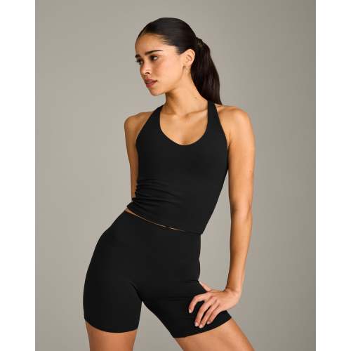 SoftMotion™ Racer Back Mid Tank Top with Built in Bra Shelf with Gray Logo | Black