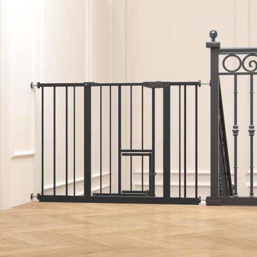 Noble House 44" Wide Pressure Mounted Baby Gate with Cat Door, Walk-Through Steel Pet Safety Gate, Black