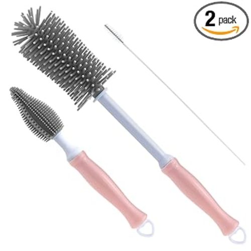 Silicone Cleaning Brush, 12" Long Handle Water Bottle Cleaner for Baby, Sports, Vase, Glassware, and Smaller Diameter Openings